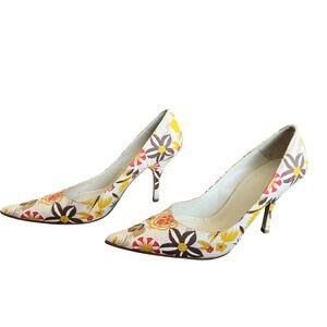 Floral Pointed Toe Pumps Heels‎ Size 38 Beige Brown Yellow Party Cocktail